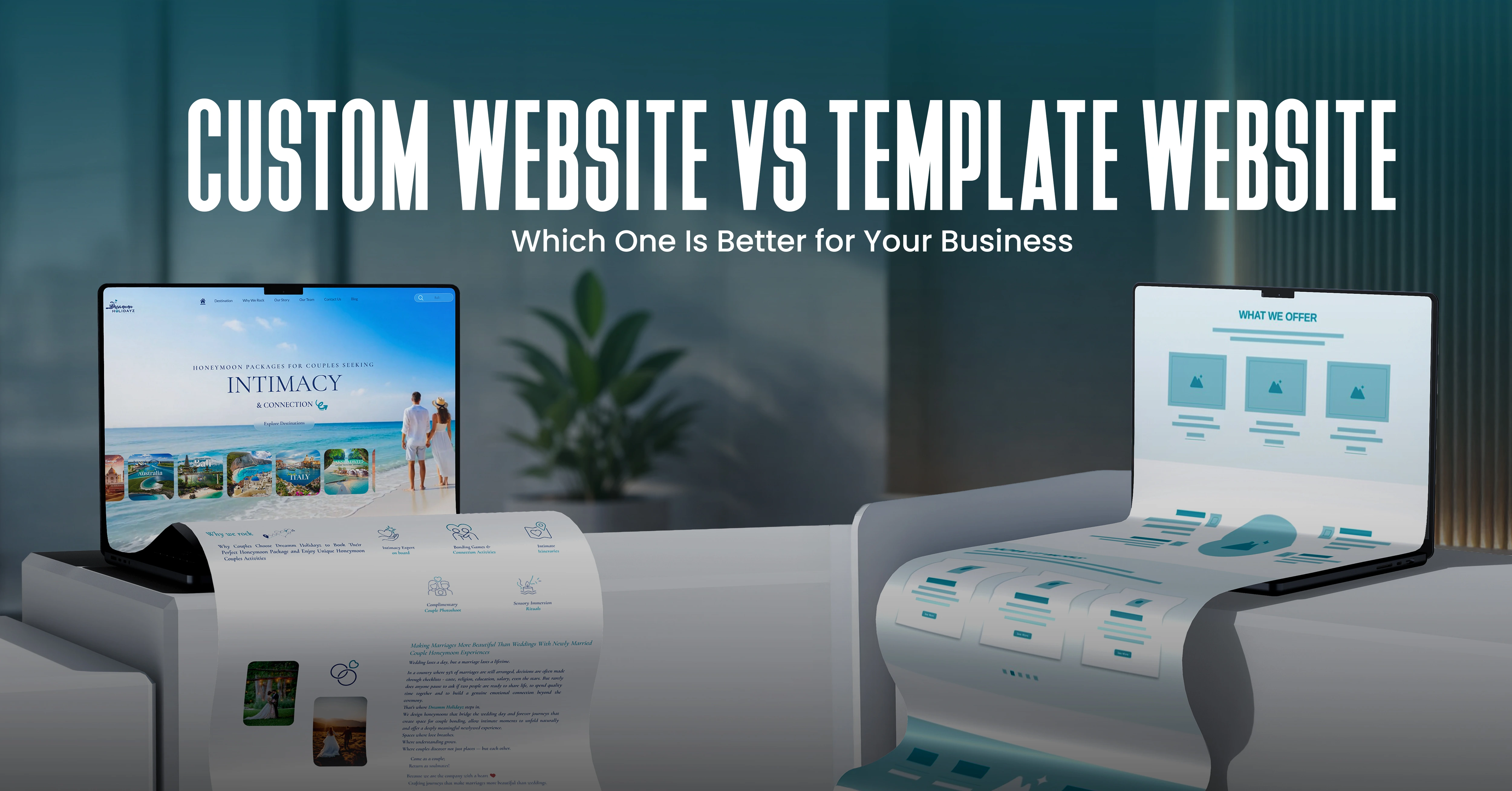 Custom website vs template website comparison illustration showing business website options