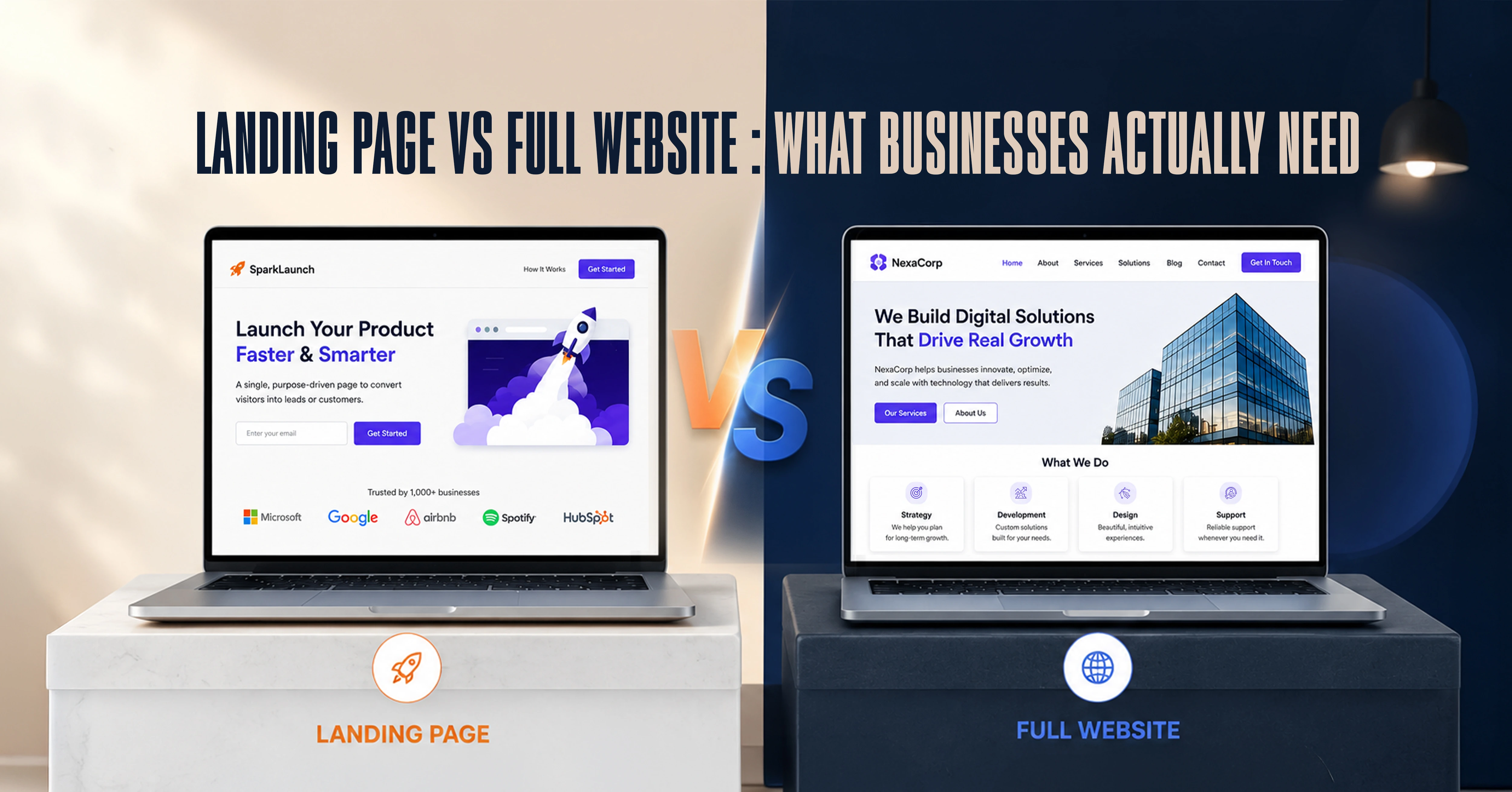 Landing page vs full website comparison showing which digital asset drives more leads and business growth