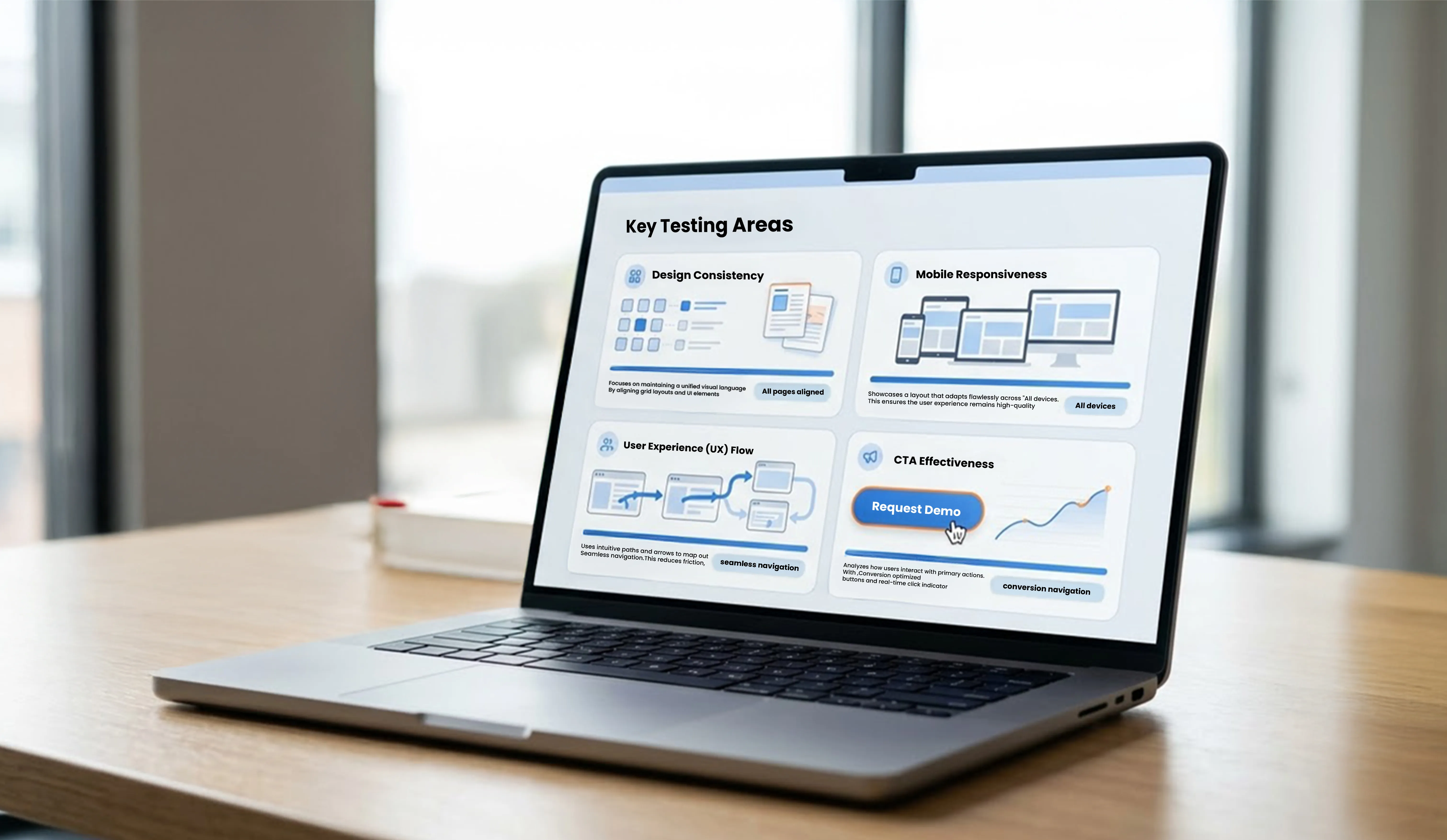 Website design testing and quality assurance illustration showing cross-browser compatibility, mobile responsiveness and user experience optimization