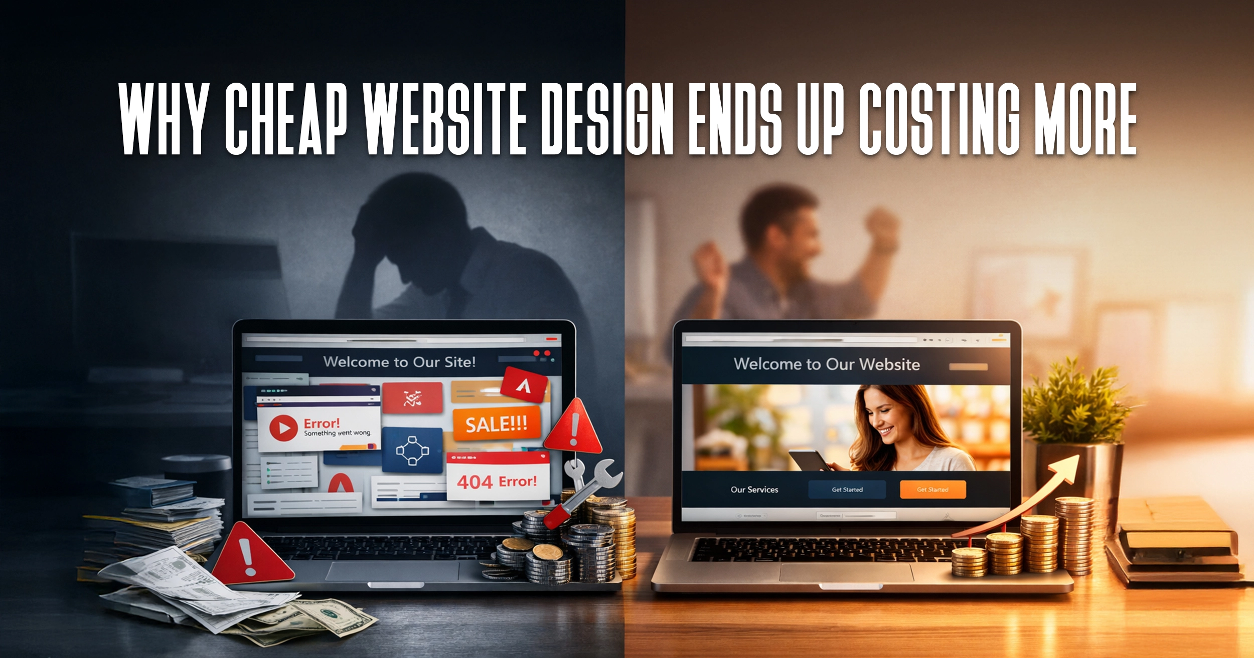 Comparison showing cheap website design vs professional website development highlighting hidden costs, poor performance and long-term business impact