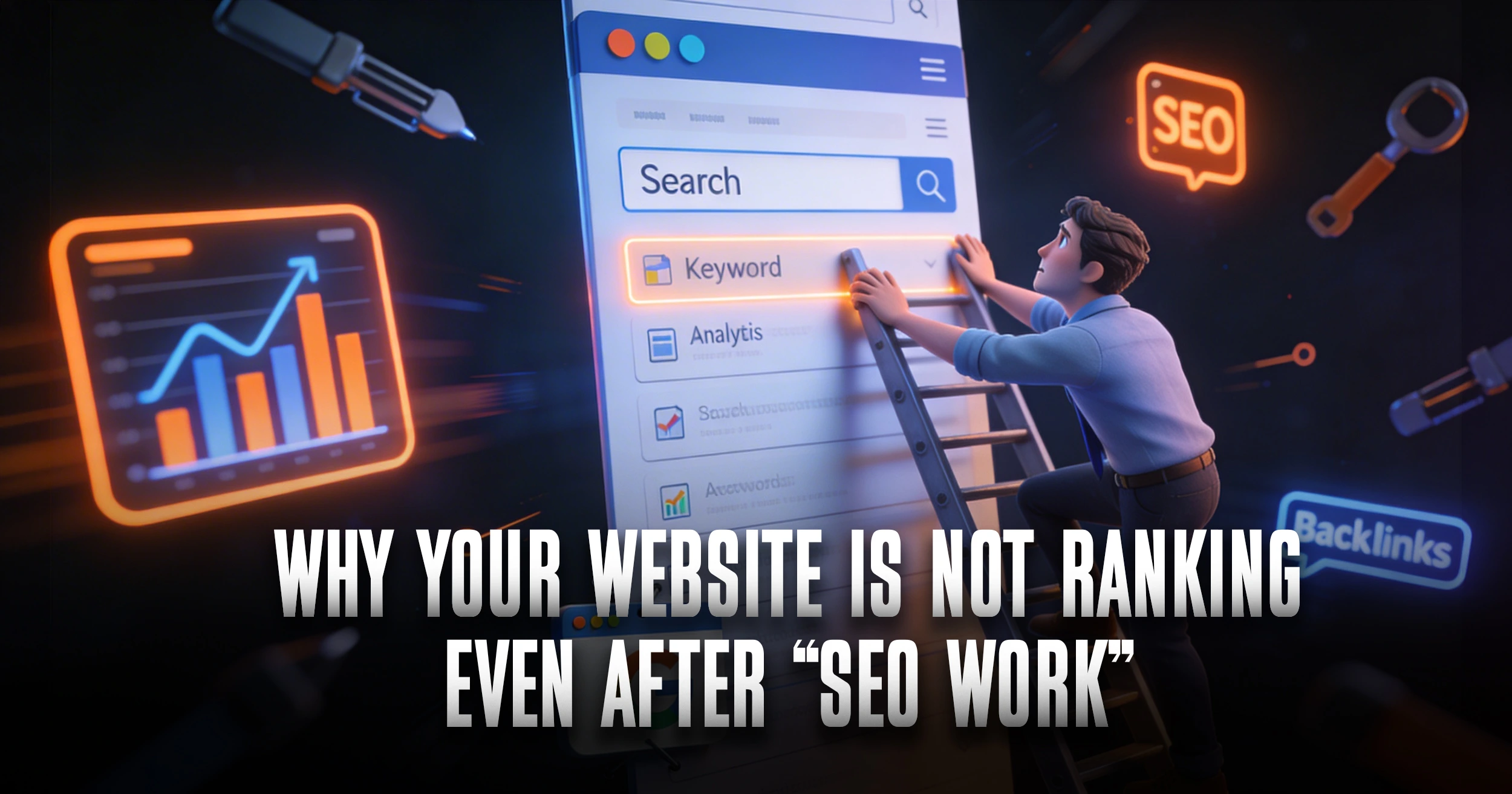 Technical SEO issues and poor website structure preventing a website from ranking on Google search results.