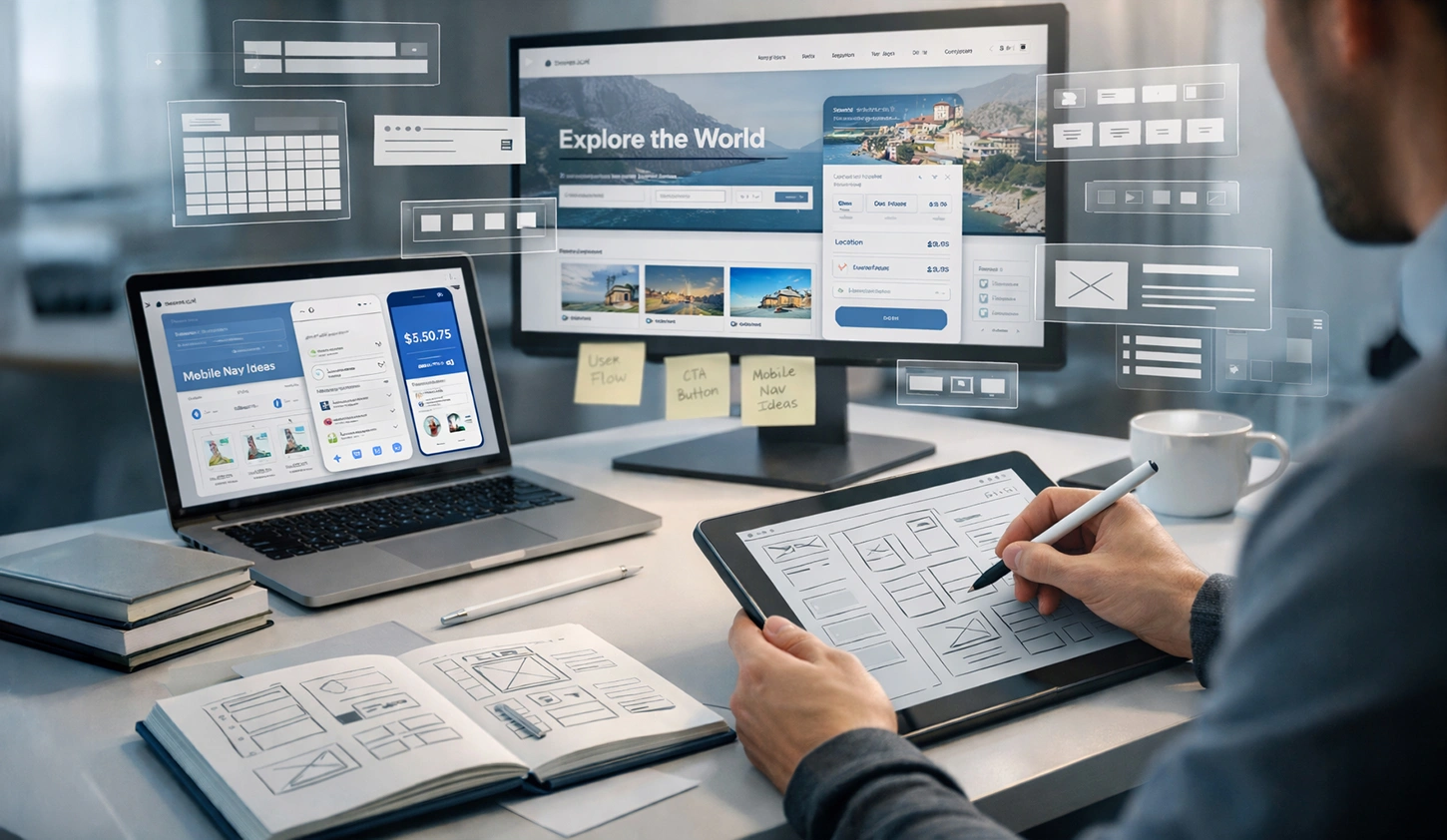 Website wireframes showing strategic layout, content placement and user flow for improved engagement in Chennai